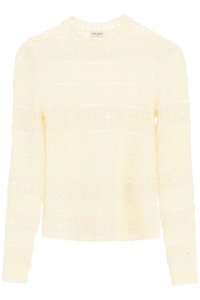 Shop Saint Laurent Crochet Sweater In Beige,white