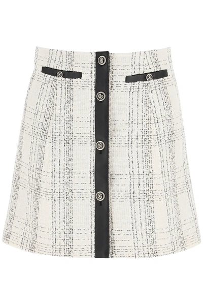 Shop Ferragamo Tartan Tweed And Leather Mini Skirt In White,black