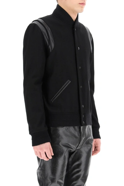 Shop Saint Laurent Teddy Bomber In Wool And Leather In Black
