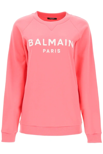 Shop Balmain Sweatshirt With Logo Print In Pink,white