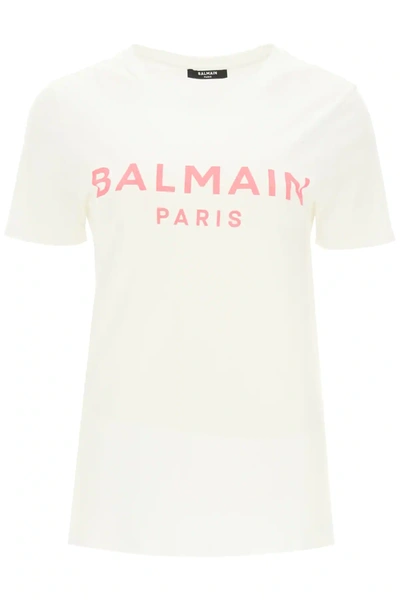 Shop Balmain T-shirt With Logo Print In White,pink
