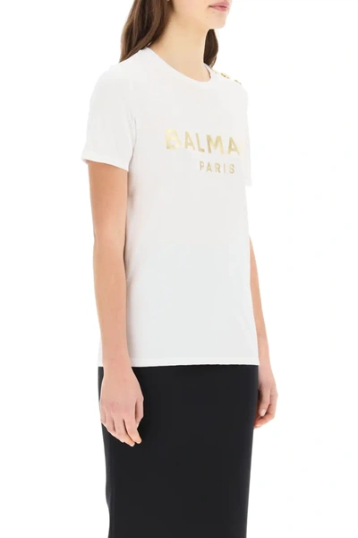 Shop Balmain Logo T-shirt With Golden Buttons In White,gold