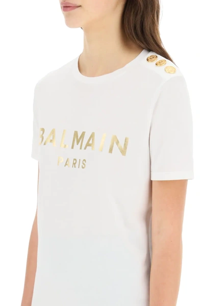 Shop Balmain Logo T-shirt With Golden Buttons In White,gold