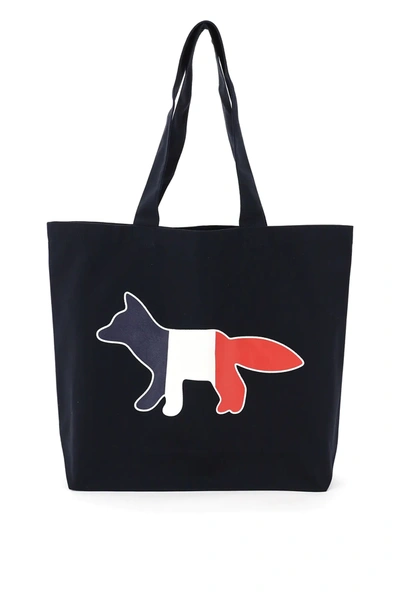Shop Maison Kitsuné Tricolor Fox Tote Bag In Blue,pink,white