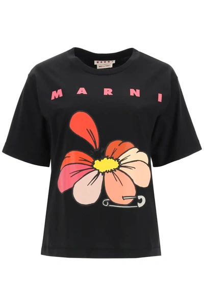 Shop Marni Flowers T-shirt In Black,red