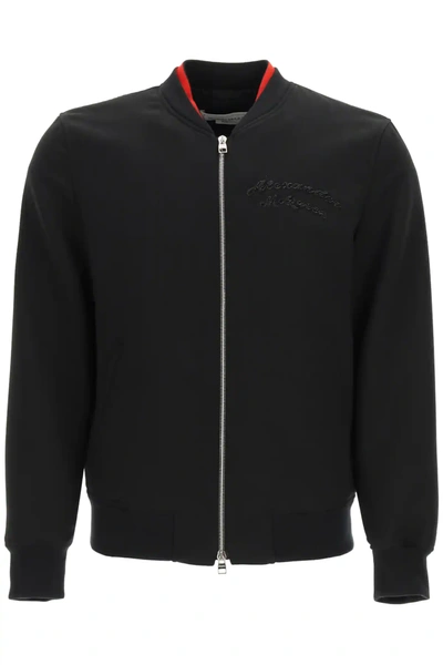 Shop Alexander Mcqueen Bomber Jacket With Logo Embroidery In Black