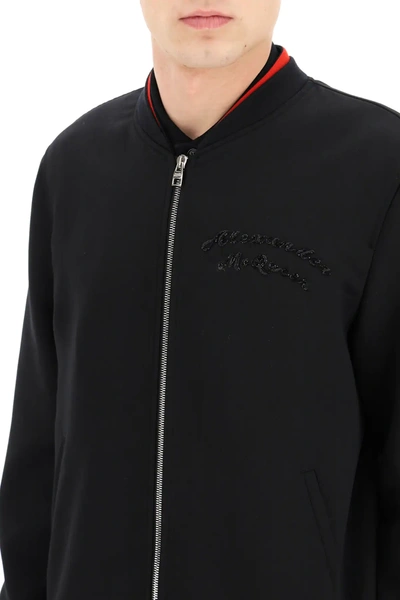 Shop Alexander Mcqueen Bomber Jacket With Logo Embroidery In Black