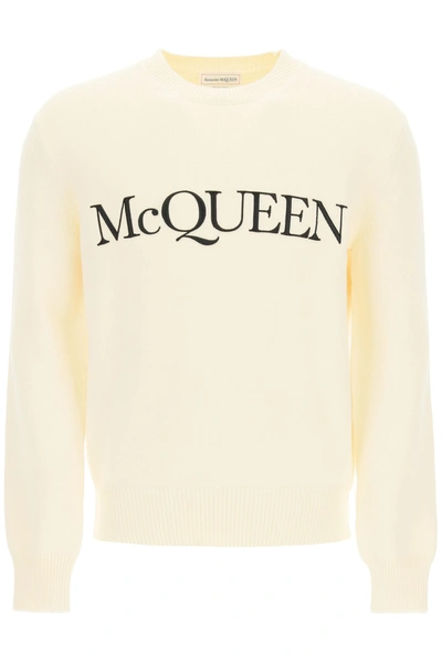 Shop Alexander Mcqueen Cotton Sweater With Logo Embroidery In White,black