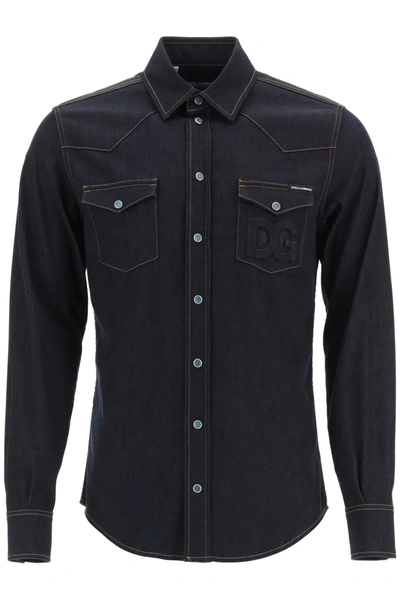 Shop Dolce & Gabbana Denim Shirt With Embossed Logo In Blue