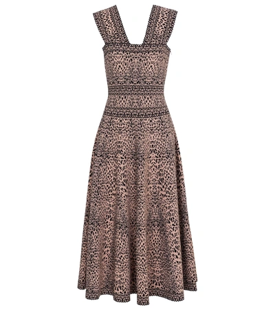 Shop Alaïa Leopard-jacquard Stretch-knit Midi Dress In Brown