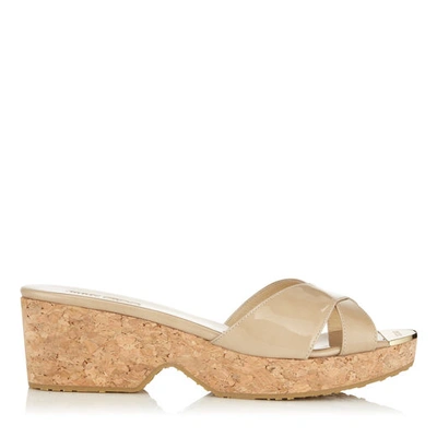 Shop Jimmy Choo Panna Patent Leather Wedge Sandals In Nude