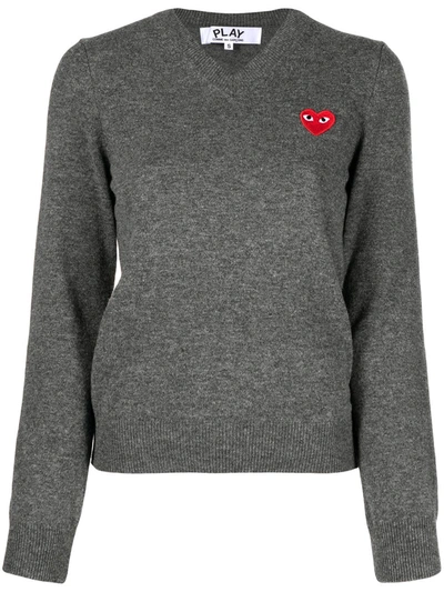 Shop Comme Des Garçons Play Embroidered Motif V-neck Jumper In Grey