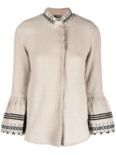 Shop Bazar Deluxe Embroidered Flared Sleeves Buttoned Jacket In Neutrals