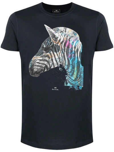 Shop Paul Smith Zebra-print Crew-neck T-shirt In Blue