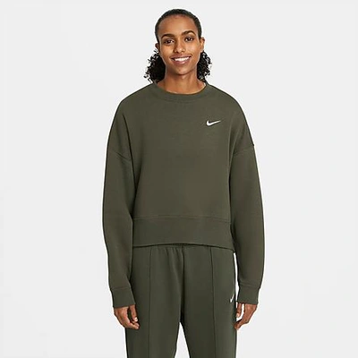 Shop Nike Women's Sportswear Essential Fleece Crewneck Sweatshirt In Cargo Khaki/white