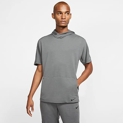 Shop Nike Men's Yoga Dri-fit Short-sleeve Hoodie In Grey