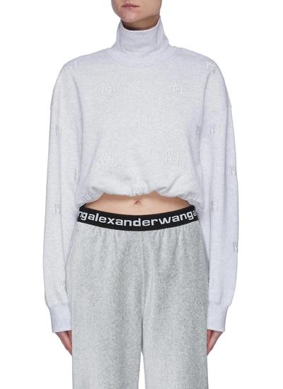 Shop Alexander Wang Funnel Neck Logo Embroidered Cropped Sweater In Grey