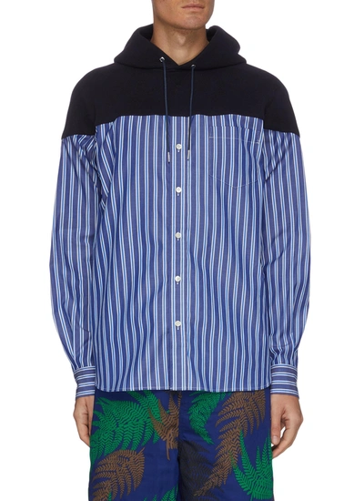 Shop Sacai Hybrid Stripe Shirt Panel Drawstring Cotton Hoodie In Multi-colour