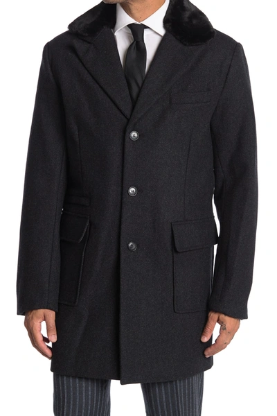 Shop Sean John Wool Blend Faux Fur Trim Coat In Charcoal
