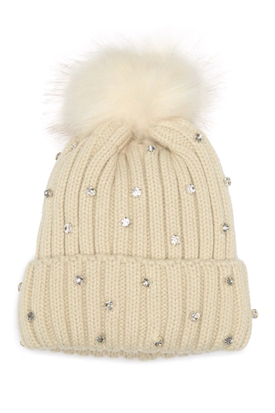 Shop Cara Accessories Embellished Jewel Faux Fur Pom Beanie In Ivory