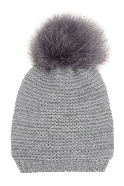 Shop Kyi Kyi Genuine Fox Fur Pompom Knit Beanie In Dark Grey