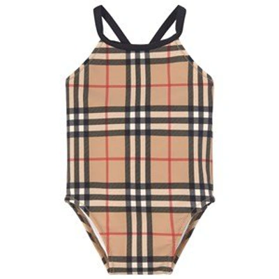 Shop Burberry Beige Vintage Check Swimsuit In Blue