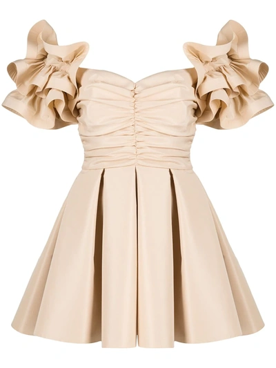 Shop Elisabetta Franchi Off-the-shoulder Mini Dress In Neutrals