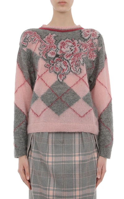 Shop Alberta Ferretti Argyle And Floral Printed Superkid Mohair Sweater In Grey
