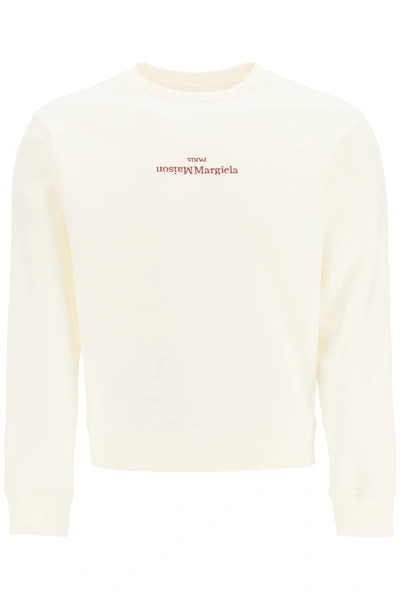 Shop Maison Margiela Sweatshirt With Upside Down Logo Embroidery In Off White (white)