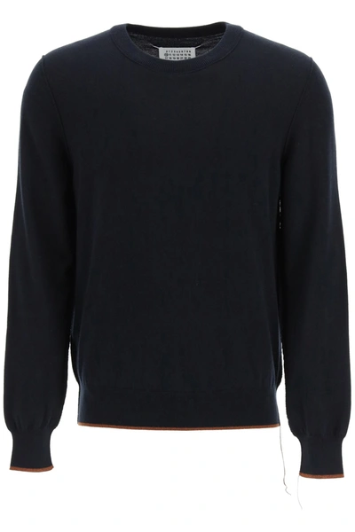 Shop Maison Margiela Crew Neck Sweater With Elbow Patches In Navy Brown (blue)