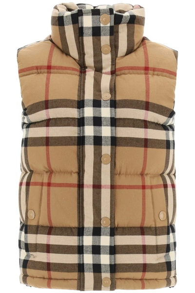Shop Burberry Theford Check Down Vest In Birch Brown (brown)