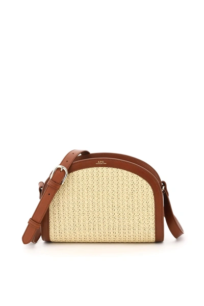 Shop Apc Demi-lune Woven Raffia Shoulder Bag In Noisette (beige)