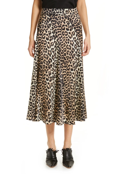 Shop Ganni Silk Stretch Satin Skirt In Leopard 943