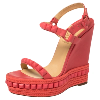 Pre-owned Christian Louboutin Pink Studded Leather Cataclou Espadrille Wedge Sandals Size 36