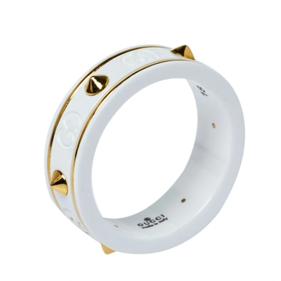 Pre-owned Gucci Icon White Zirconia 18k Yellow Gold Ring Size 59