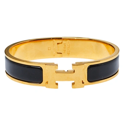 Pre-owned Hermes Herm&egrave;s Clic H Black Enamel Gold Plated Narrow Bracelet Pm