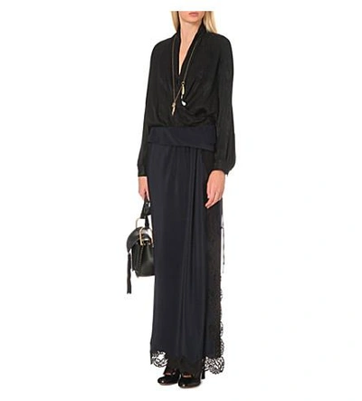 Shop Chloé Lace-trim Silk Maxi Skirt In Navy