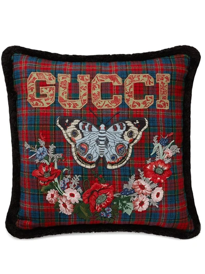 Shop Gucci Butterfly-print Tartan Cushion In Red ,blue