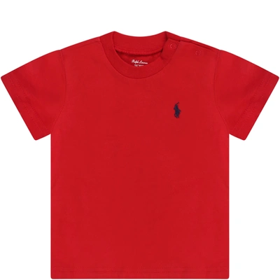 Shop Ralph Lauren Red T-shirt For Baby Boy With Blue Iconic Pony Logo