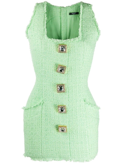 Shop Balmain Mini Sleeveless Tweed Dress In Green