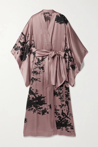 Shop Carine Gilson Belted Printed Silk-satin Robe In Antique Rose