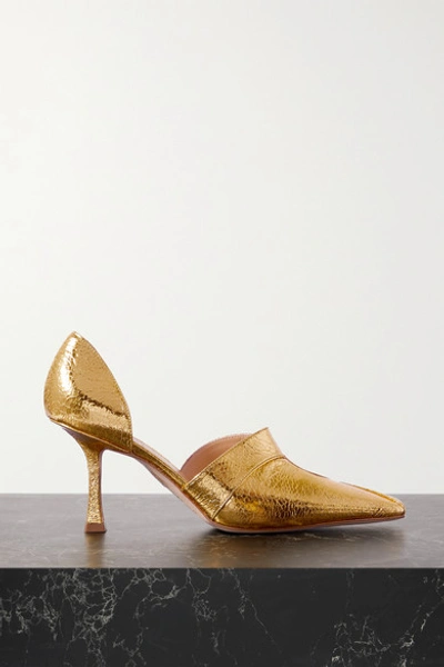 Shop A.w.a.k.e. Loretta Cutout Metallic Faux Textured-leather Pumps In Gold