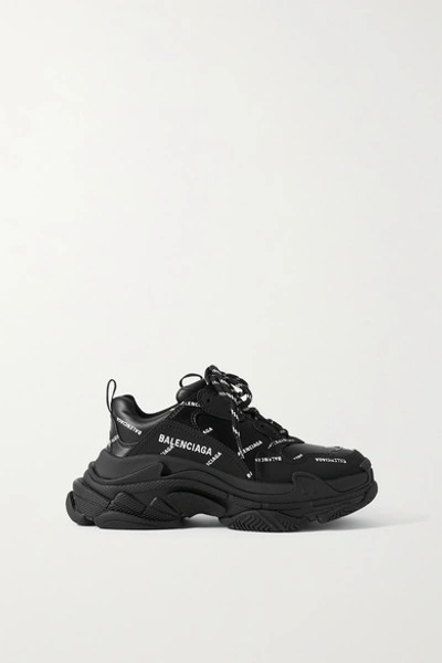 Shop Balenciaga Triple S Logo-print Embroidered Leather, Nubuck And Mesh Sneakers In Black