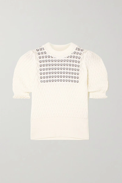 Shop See By Chloé Ruffled Pointelle-knit And Intarsia Cotton And Wool-blend Sweater In White