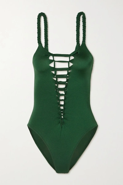 Shop Agent Provocateur Marlow Lace-up Swimsuit In Green