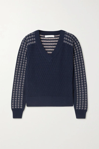 Shop See By Chloé Pointelle-knit And Intarsia Cotton And Alpaca-blend Sweater In Navy