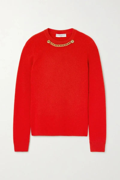 Shop Givenchy Chain-embellished Ribbed Wool And Cashmere-blend Sweater In Red