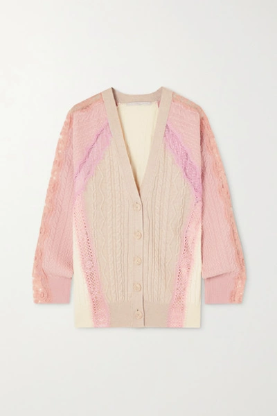 Shop Stella Mccartney Effortless Lace-trimmed Cable-knit Wool Cardigan In Beige