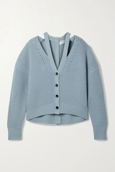 Shop Proenza Schouler White Label Cutout Ribbed Pointelle-knit Wool Cardigan In Light Blue