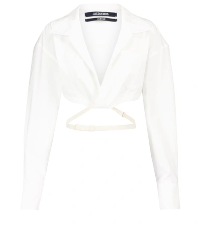 Shop Jacquemus La Chemise Laurier Cropped Cotton-poplin Shirt In White